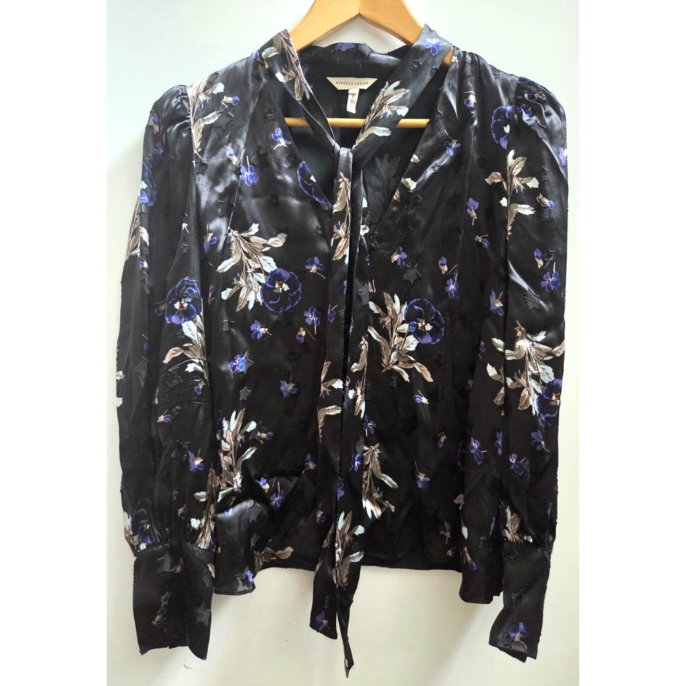 Rebecca Taylor 8 Blouse Satin Burnout Scarf Neck Black/Violet Floral Star Print